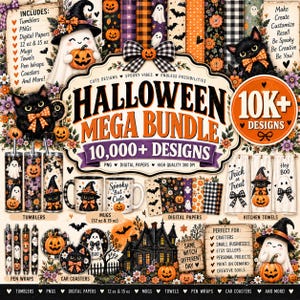 Puede incluir: Un paquete digital gigante de Halloween con más de 10,000 diseños que incluye vasos, PNG, papeles digitales, tazas, toallas, envoltorios para bolígrafos y posavasos con gatos negros, fantasmas, calabazas y casas embrujadas en naranja y negro.