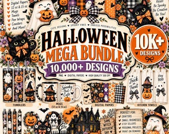 May include: A digital Halloween mega bundle featuring 10,000+ designs including tumblers, PNGs, digital papers, mugs, towels, pen wraps, and coasters. The collection displays black cats, ghosts, pumpkins, and haunted houses in orange, black, and white.