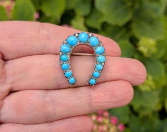 Antique Victorian 18k Gold Siver Turquoise Diamond Horseshoe Brooch