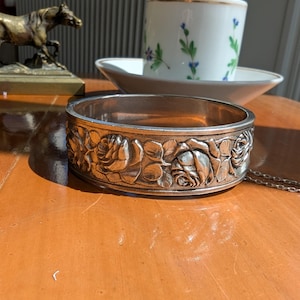 Antique French Art Nouveau Silver Bangle Flower Roses Repousse Bracelet