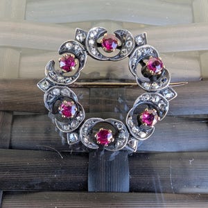Antique Victorian French 18K Gold Silver Topped Ruby Rose Cut Diamond Brooch