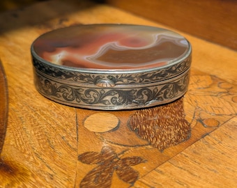 Antique Russian 84 Silver Agate Niello Box Dated 1848
