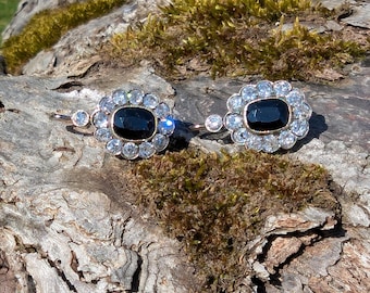 Antique 14K Gold Silver Natural Sapphire and Old Mine Diamond Cluster Earrings