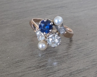 Antique French 18K Gold Sapphire Pearl Diamond Toi et Moi Ring