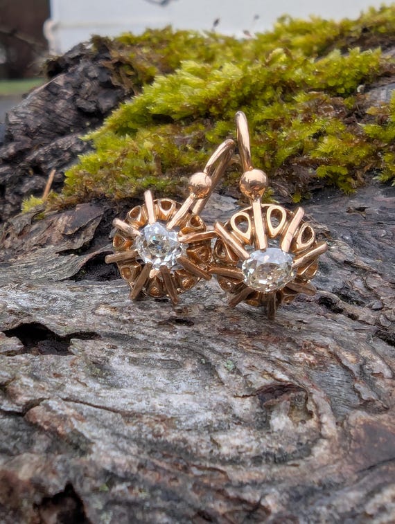 Antique French Victorian 18K Gold Old Mine Cut Diamond  Sleeper Earrings