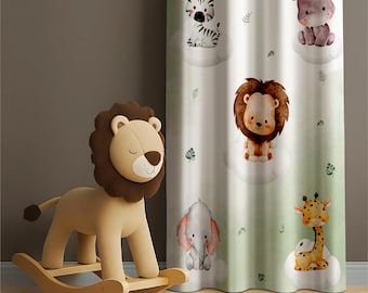 Safari Baby Boy Room Curtains, Printed Safari Drapes for Baby Bedroom, Cute Animal Window Curtains, Gift for Kids, Nursery Curtains