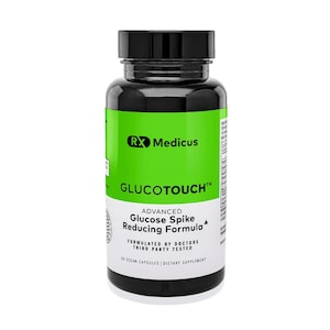 Może przedstawiać: Czarna butelka suplementu diety Glucotouch. Butelka ma zielono-białą etykietę z napisem "RX Medicus", "GLUCOTOUCH" i "Advanced Glucose Spike Reducing Formula". Butelka zawiera 60 wegańskich kapsułek.