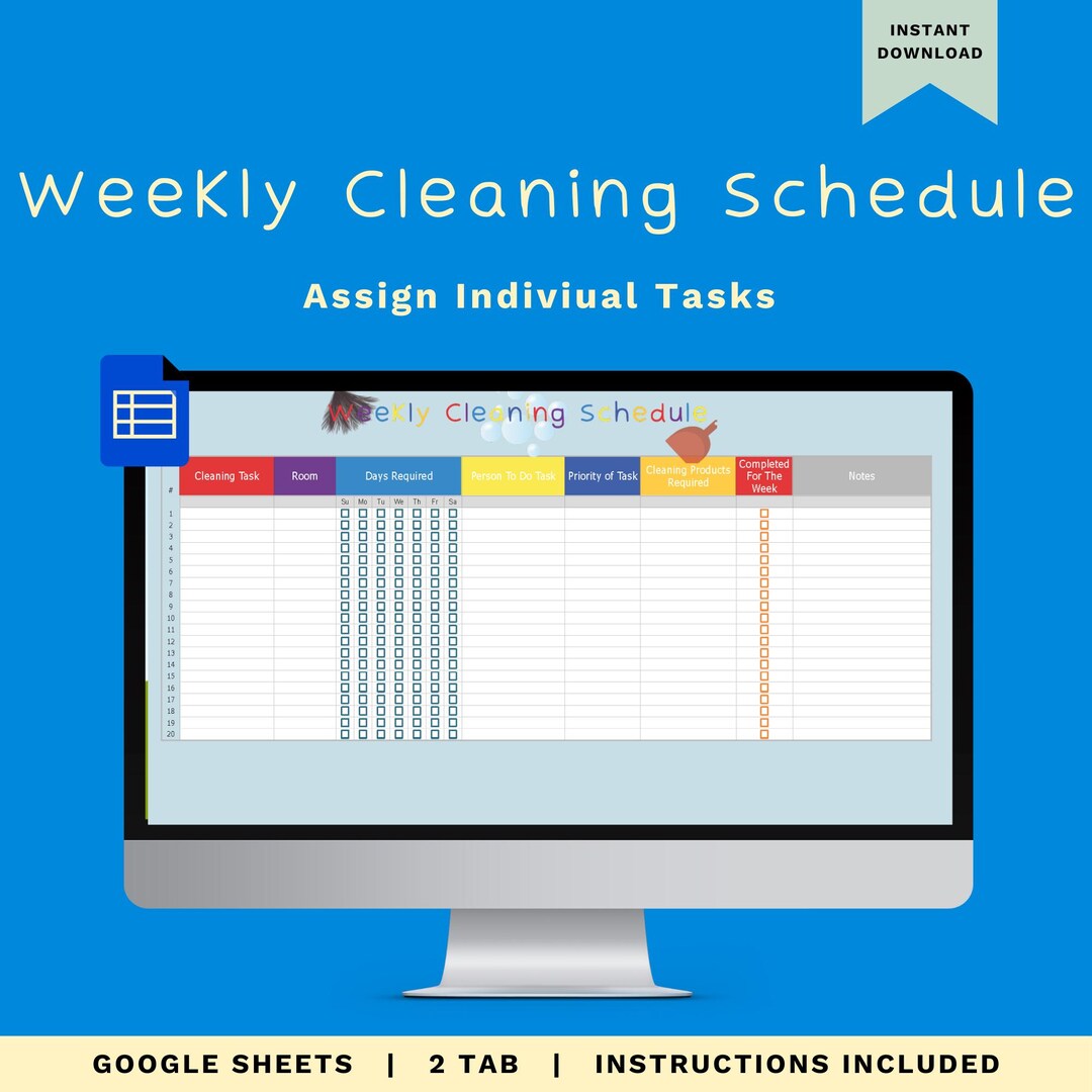 Weekly Cleaning Schedule & Tracker | Google Sheets Chore Planner | Home ...