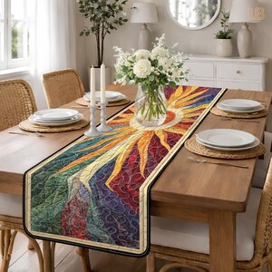 Runner da tavola trapuntato con motivo a sole, decorazione da tavolo in fibra artistica, motivo trapuntato a vetrata, decorazione moderna per la tavola, regalo artistico per l'inaugurazione della casa per lei