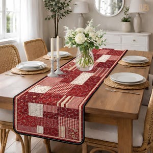 Caminho de mesa acolchoado vermelho, decoração de mesa rústica em patchwork vichy, toalha de mesa xadrez vermelha estilo fazenda, decoração de cozinha campestre, presente de Natal