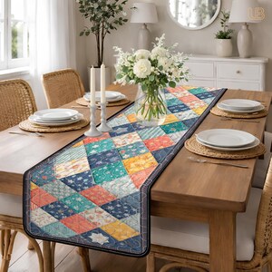 Caminho de mesa acolchoado em patchwork, decoração de sala de jantar com estampa de estrelas coloridas, toalha de mesa estilo fazenda vintage, caminho de mesa boho para cozinha, presente de boas-vindas