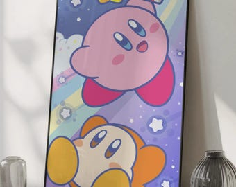 Póster de Kirby y Waddle Dee - Arte de pared estético de videojuegos, lindo estampado de Dream Land, decoración moderna kawaii para habitación infantil
