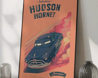 Póster del fabuloso Hudson Hornet Champion - Arte mural con estética de Disney Cars, lámina en homenaje a Doc Hudson Racing, decoración moderna para la habitación infantil con temática de cine.
