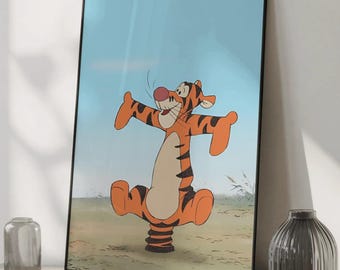Póster estético de Tigger - Arte de pared de dibujos animados de Winnie the Pooh, lindo estampado de tigre saltando, decoración moderna para cuarto de juegos infantil