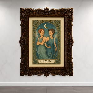 Plakat ścienny z horoskopem Bliźniąt, astrologia bliźniąt, ilustracja horoskopu w stylu vintage, cyfrowe pobieranie wydruków niebiańskich