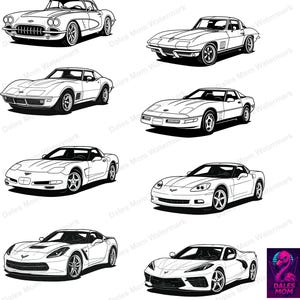 Corvette Vector Pack C1–C8 Generations | SvG PNG PDF DXF Digital Download | Corvette Line Art for Cricut, Crafts & Garage Wall Art