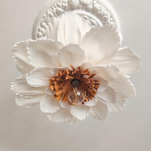 May include: A white, flower-shaped ceiling light fixture with a brown center and a visible lightbulb. The fixture is mounted on a white ceiling with a decorative, circular molding.