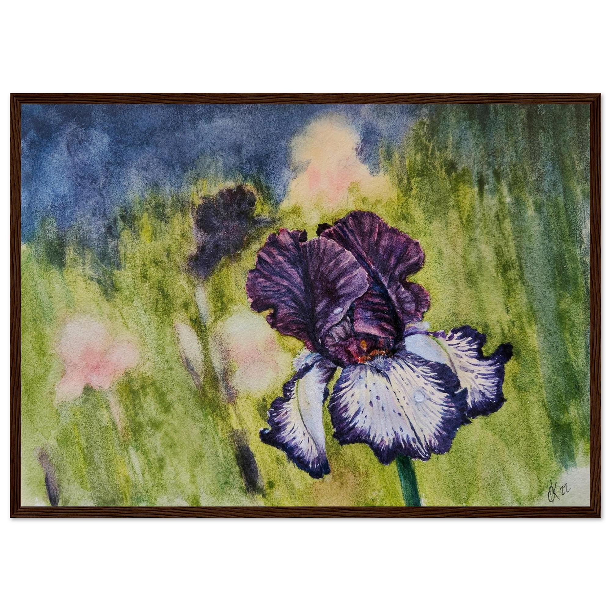 紫のアイリスの水彩画の額入りポスター：ボタニカルウォールアート