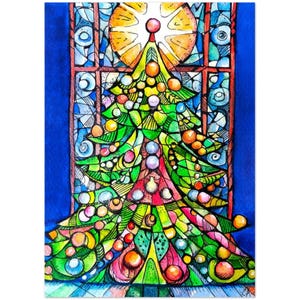 May include: A vibrant watercolour painting depicting a Christmas tree against a stained-glass window. The tree is adorned with baubles and lights. The window features a blue backdrop and a sun-like design at the top.