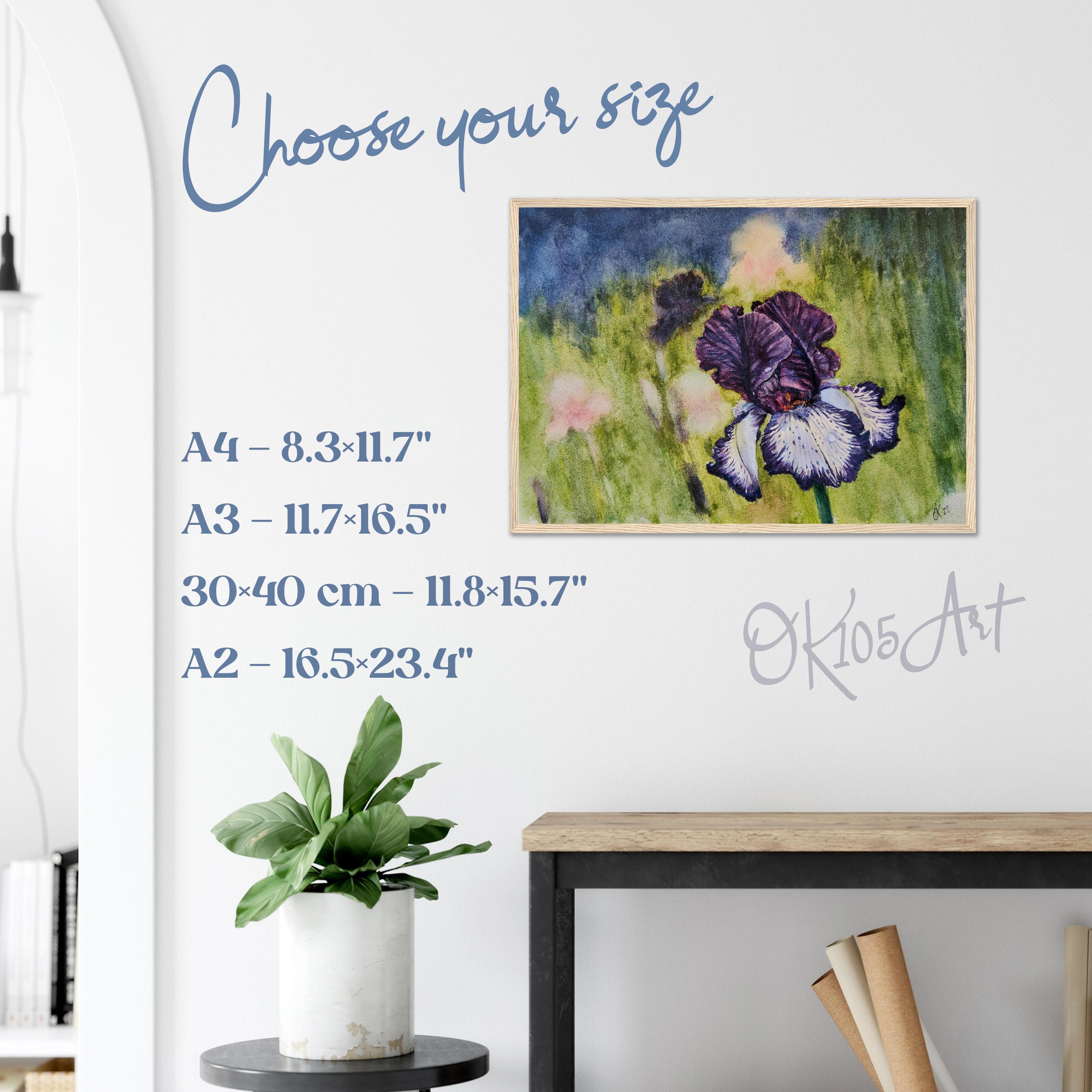 紫のアイリスの水彩画の額入りポスター：ボタニカルウォールアート