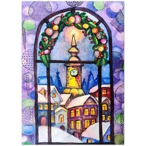 May include: Watercolour painting of a winter scene seen through a window. The window is decorated with a Christmas wreath. A clock tower is visible, surrounded by snow-covered buildings and a starry sky. The colour palette includes blues, purples, and yellows.