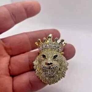 Men&#39;s King Lion Pendant 14K Yellow Gold Plated 2Ct Round Real Moissanite