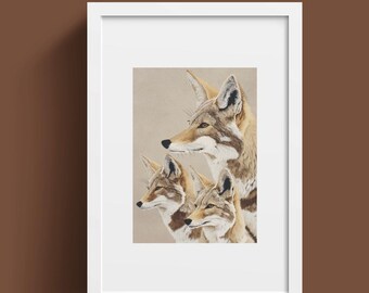 Coyote Family Print – Southwestern Desert Animal Art, Digital Download