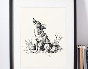Coyote Minimalist Sketch – Southwestern Desert Ink Drawing Digital Print