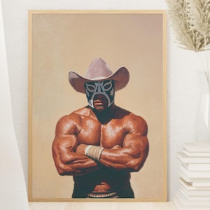 Cowboy Luchador Art Print – Mexican Wrestling Western Poster, Masculine Digital Wall Art