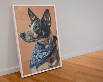 Cattle Dog Wall Art Print – Blue Heeler with Bandana, Western Dog Portrait, Digital Download