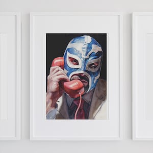 Konsttryck med röd telefon, Luchador, retro mexikansk brottaremålning (digital nedladdning)