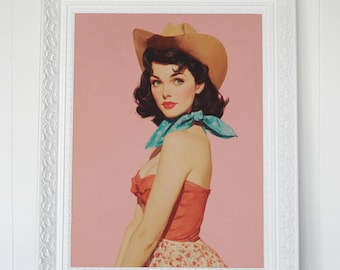 Stampa artistica di una cowgirl pin-up retrò, poster vintage di una cowgirl rosa, download digitale