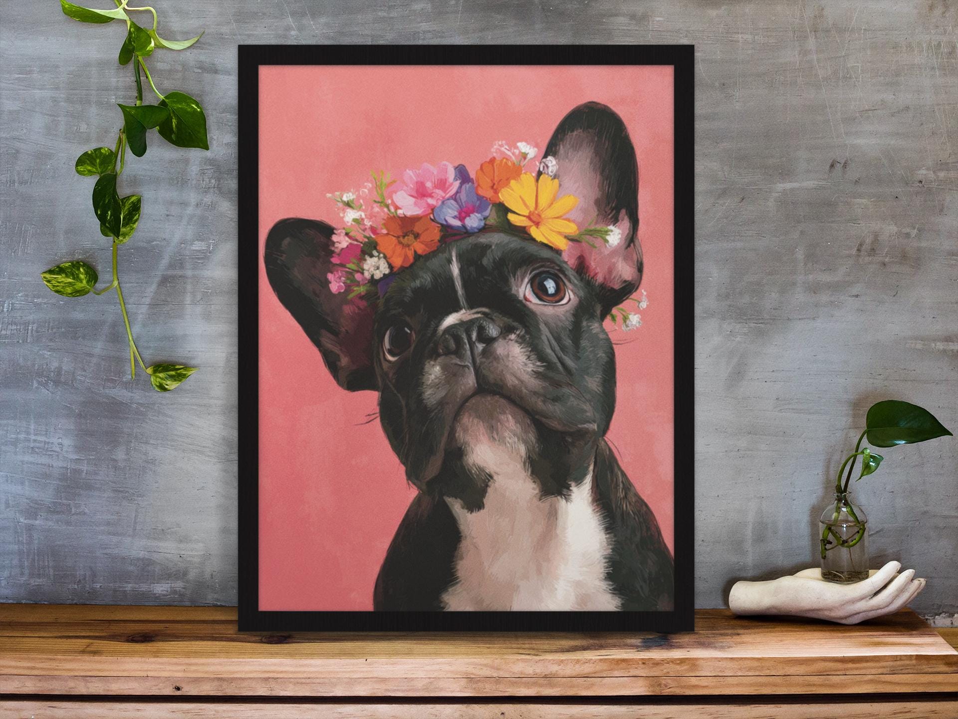 フレンチブルドッグの花冠プリント：ピンクの犬のアート（デジタル