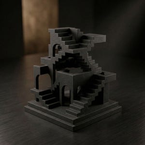 May include: A dark gray architectural sculpture featuring a complex arrangement of staircases, arches, and platforms. The design creates an optical illusion of continuous movement and impossible geometry. The sculpture is set on a square base.