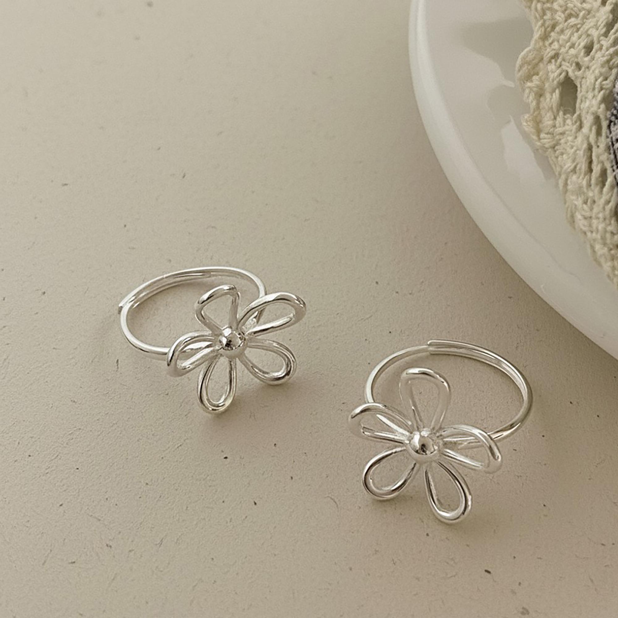Openwork Floral Ring, 3D Flower Sterling Silver Band, Solid 925 