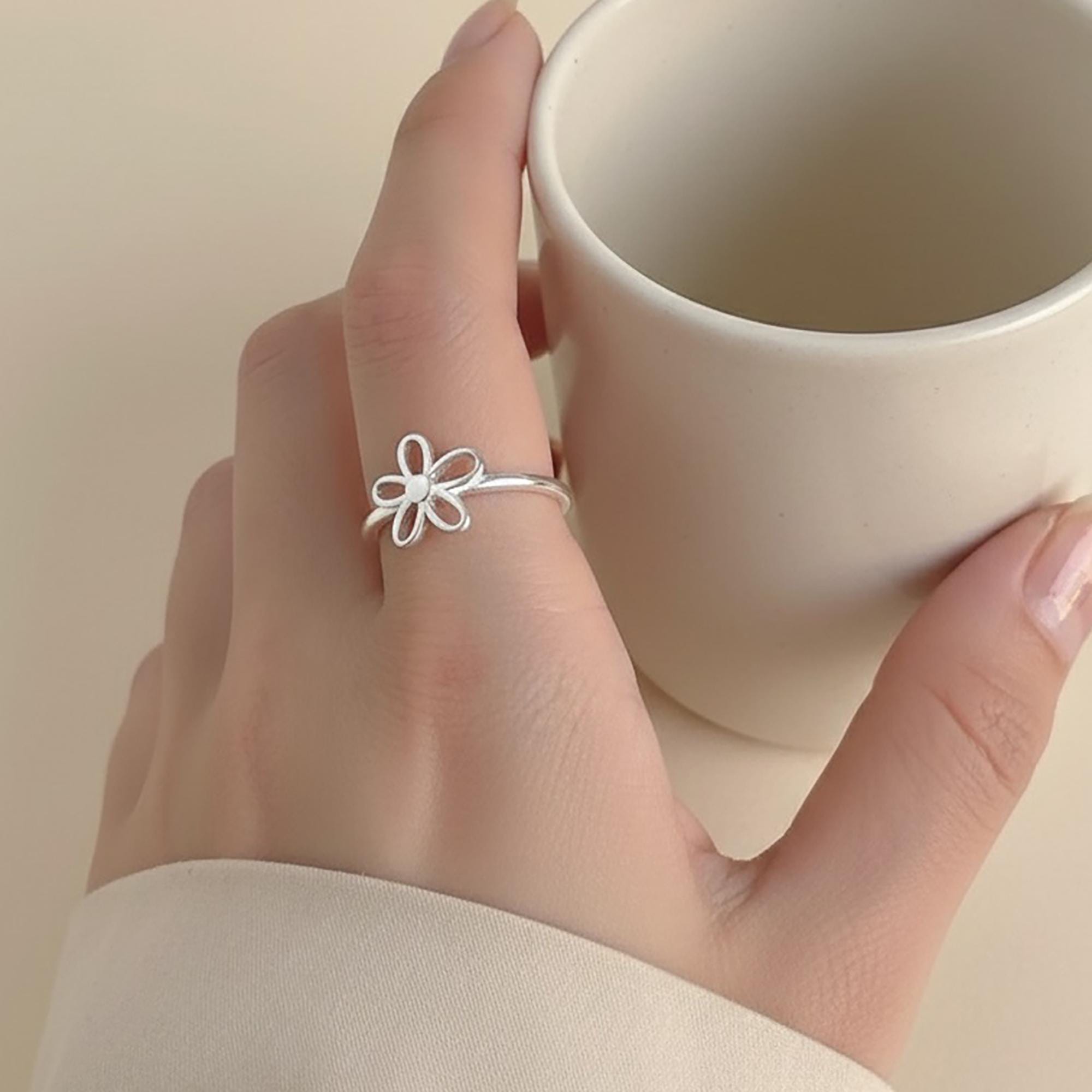 Openwork Floral Ring, 3D Flower Sterling Silver Band, Solid 925