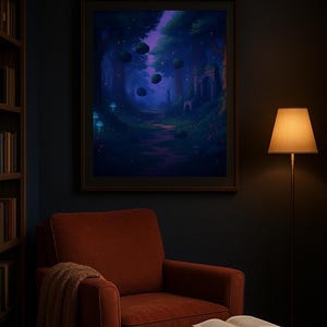 Mystischer Wald Pixel Art Print – leuchtende Pilze, schwebende Inseln, Fantasie Digital Download Wandkunst