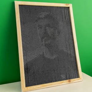 May include: A black and white pixel art portrait displayed on a framed pegboard. The wooden frame surrounds the black pegboard, which is filled with small white pegs creating the image. The background is a solid green.