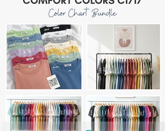 May include: A color chart bundle featuring Comfort Colors C1717 t-shirts in various shades. The image displays multiple arrangements of the shirts, including stacks and hanging displays, showcasing a wide range of colors. The text "Editable in Canva" is also present.