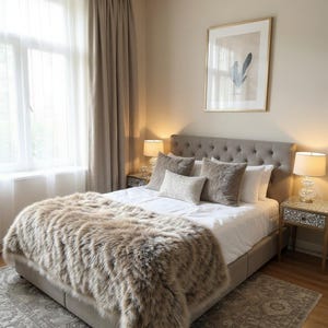 May include: A bedroom with a tufted headboard, a bed covered with a faux fur throw, and decorative pillows. The room features a framed print, bedside lamps, and a patterned rug. The color scheme is neutral with beige and brown tones.