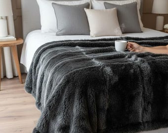 Manta de pele sintética, manta de cama luxuosa, manta de pele extra macia, roupa de cama aconchegante e felpuda.