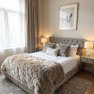 Op de afbeelding: Slaapkamerinterieur met een bed bedekt met een imitatiebont plaid en kussens. Het bed heeft een gecapitonneerd hoofdbord. Aan weerszijden staan twee nachtkastjes met lampen. Een ingelijste afbeelding hangt boven het bed en een kleed met patroon ligt op de vloer.