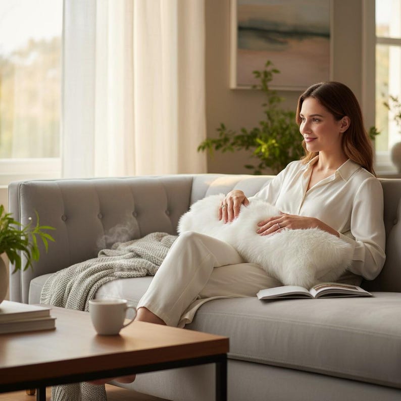 Pu&ograve; includere: Una persona in abbigliamento da relax bianco &egrave; seduta su un divano grigio, con in mano un cuscino bianco e soffice. Una tazza di caff&egrave; &egrave; su un tavolino di legno. Sul divano ci sono anche una coperta grigia e un libro aperto.