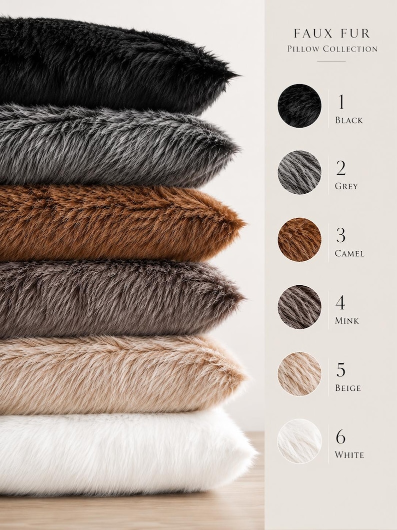 Pu&ograve; includere: Una pila di sei cuscini in finta pelliccia in vari colori: nero, grigio, cammello, visone, beige e bianco. I cuscini fanno parte della "Faux Fur Pillow Collection" e hanno un aspetto morbido e strutturato.