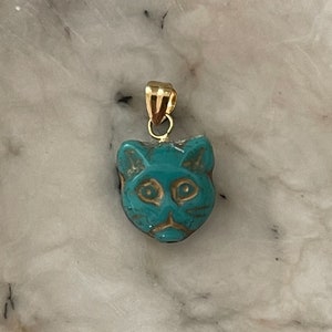 Solid 14K yellow gold vintage glass turquoise cat good luck necklace pendant lucky figural animal charm amulet cute boho kitten festival 585