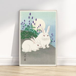 Digitaler Download Weiße Kaninchen Vollmond Antike Japanische unbeeindruckte Hasen Lustige Vintage Ästhetische Illustration Tier Wandkunst Japandi