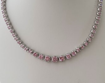 Vintage Estate Sterling Silver 925 Tennis Necklace Graduated Pink Cubic Zirconia Pink Sapphire Color CZ Y2K Necklace Barbiecore