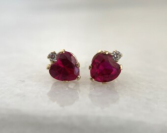 Vintage Solid 14K Yellow Gold Heart Earrings Ruby Red Cubic Zirconia VTG 90s Y2K CZ Stud 585 Minimalist Studs Barbiecore Coquette