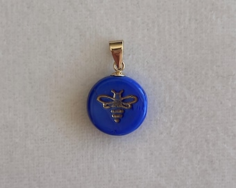 Solid 14K Yellow Gold Queen Bee Charm MINI Pendant Lucky Cobalt Lapis Royal Blue Glass Totem Amulet 585 Vintage Victorian Style