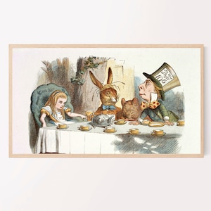 Samsung Frame TV Art Vintage Alicja w Krainie Czarów Herbatka Rysunek Ilustracja Cyfrowe pobieranie John Tenniel Szalony Kapelusznik Biały Królik